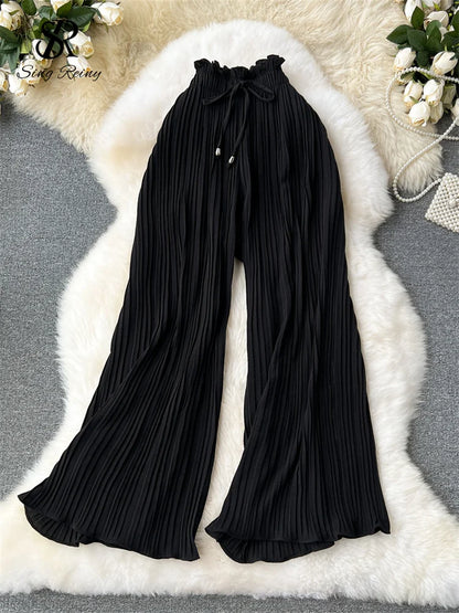 Basics Casual Pants Women Summer Oversize Draped Wide Legs Pants High Waist Solid Long Pleated Trousers