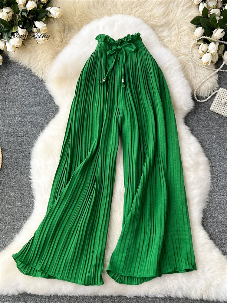 Basics Casual Pants Women Summer Oversize Draped Wide Legs Pants High Waist Solid Long Pleated Trousers