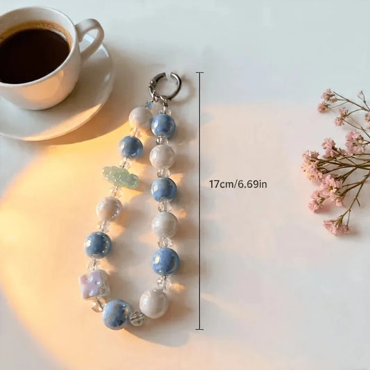 Stylish Glitter Painted Beads Phone Chain Cute Candy Color Keychain Bracelet Decoration Crystal Bead Pendant Girl