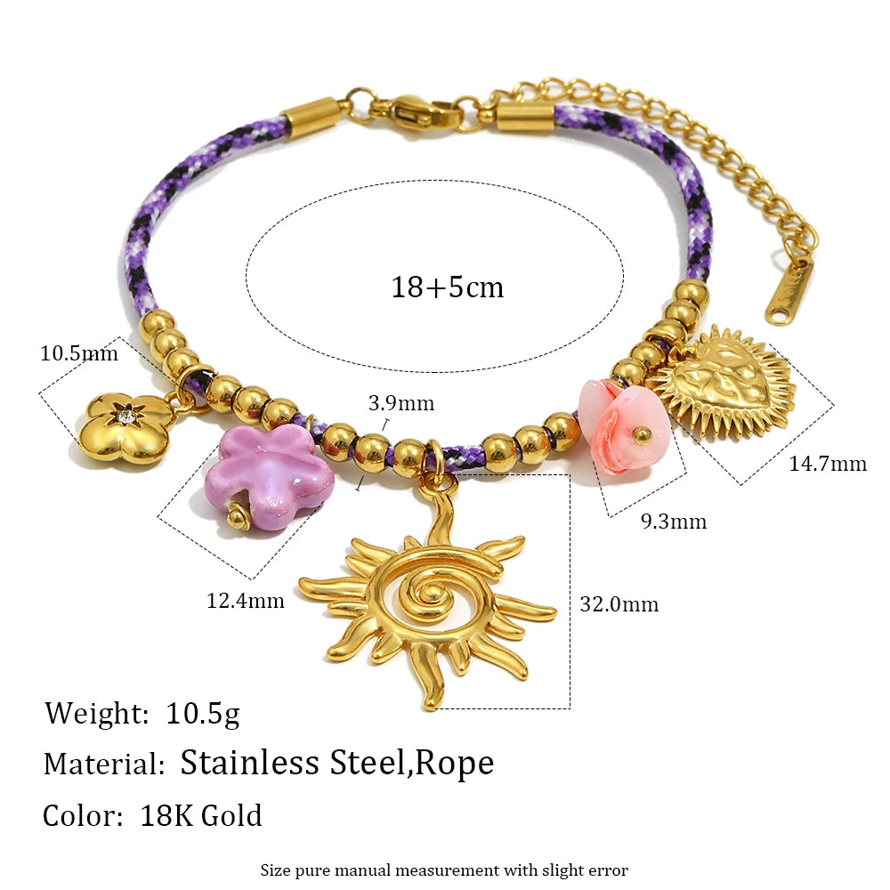 Set Hollowed Sun Pendant Charm Purple Flower Necklace Bracelet Cute Statement Daily's Jewelry