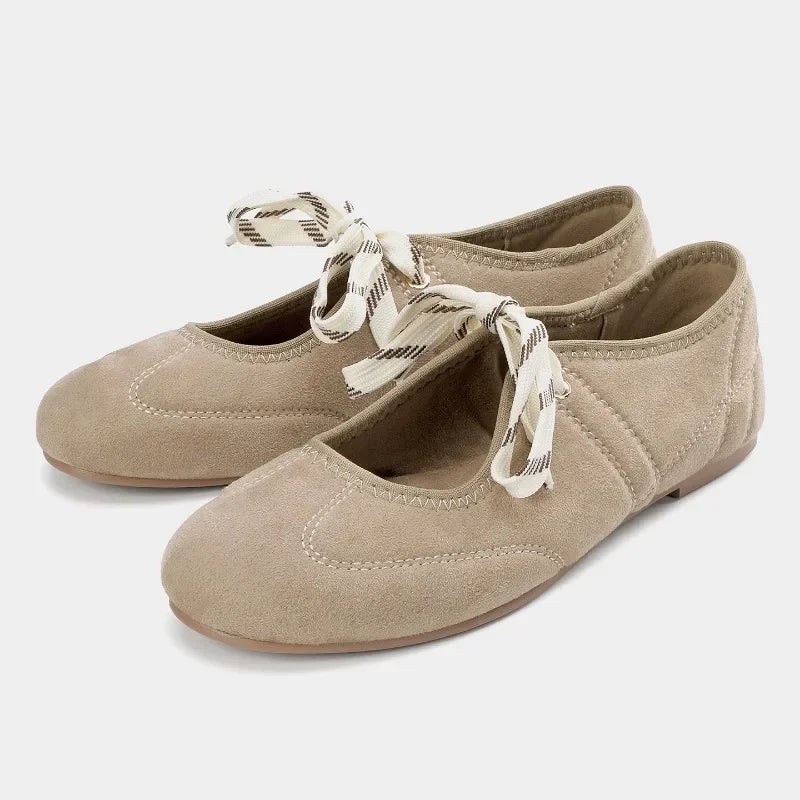 Ballet Flats Lace Up Round Toe Shoes Women Shallow Comfy Casual & Soft