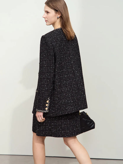 Women's Woolen Coat Elegant O-Neck Plaid Medium Long
