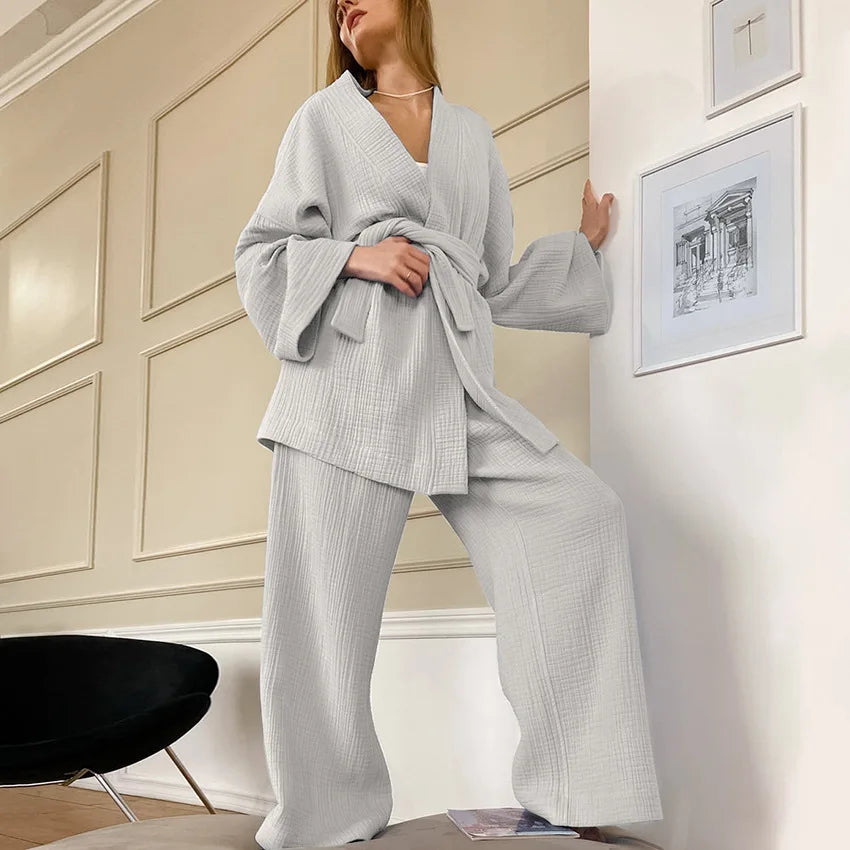 Casual Cotton Sleepwear Women Flare Sleeve Wrap Pajama Sets Nightgown Set Woman 2 Pieces Robes Lace Up Trousers Suits