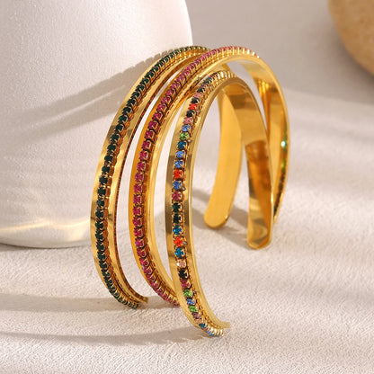 Fashion Waterproof Stainless Steel Shiny Colorful Turquoise Rhinestone Cuff Bracelets For Women