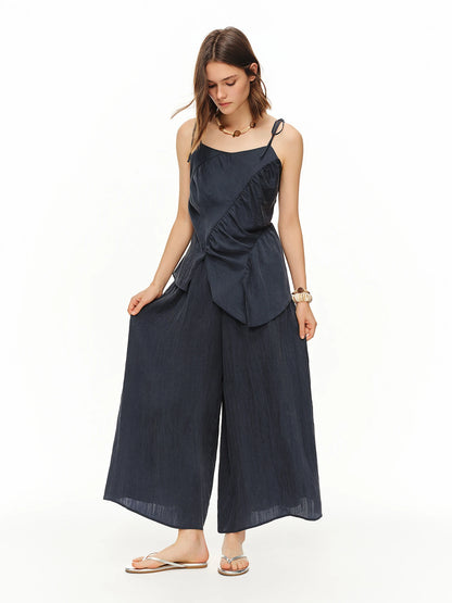Women Shirred Camisole Trousers Two Piece Set Drawstring Relaxed Fit Lounge Co-ord Beach Casual Vacation Style