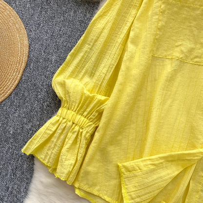 Elegant Polo-neck Vintage Long Flare Sleeves Chic Single Breasted Shirts High Waist Wide Leg Short Pants Sets