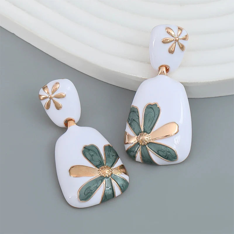 Enamel Flower Metal Dangle Post Earrings For Women