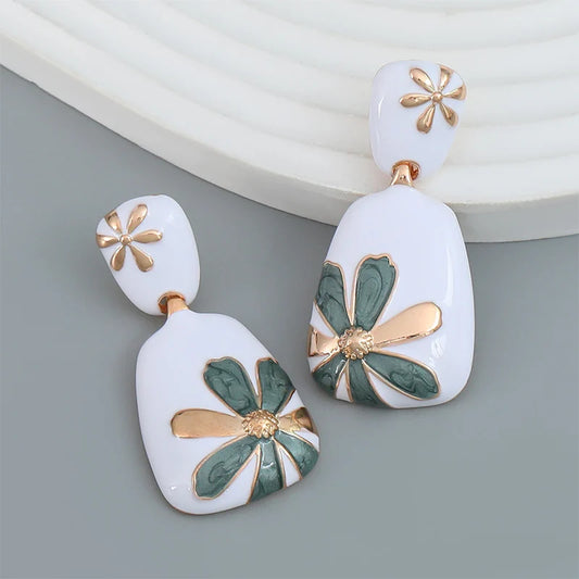 Enamel Flower Metal Dangle Post Earrings For Women