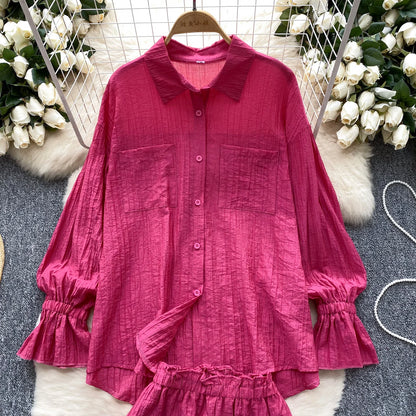 Elegant Polo-neck Vintage Long Flare Sleeves Chic Single Breasted Shirts High Waist Wide Leg Short Pants Sets