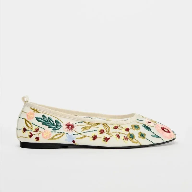 Ballet Flats Shoes Women Embroidery Flower