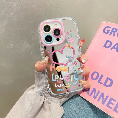 Lovely Girl Heart Mirror Phone Case For iPhone 11 12 13 14 15 16 Pro Max Back Cover