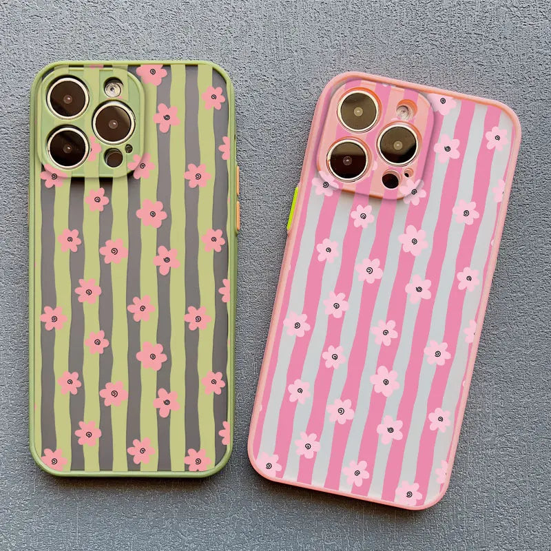 New Vertical Stripe Small Flowers Phone Case For iPhone 17 Pro Max 16 15 14 Pro Max Plus 11 12 13 Mini Pro Max