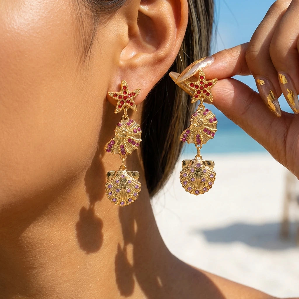 Luxurious Sparkling Zircon Metal Starfish Earrings for Women Bohemia Gold Color Conch Shell Tassel Drop Earrings Beach Jewelry