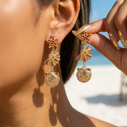 Luxurious Sparkling Zircon Metal Starfish Earrings for Women Bohemia Gold Color Conch Shell Tassel Drop Earrings Beach Jewelry