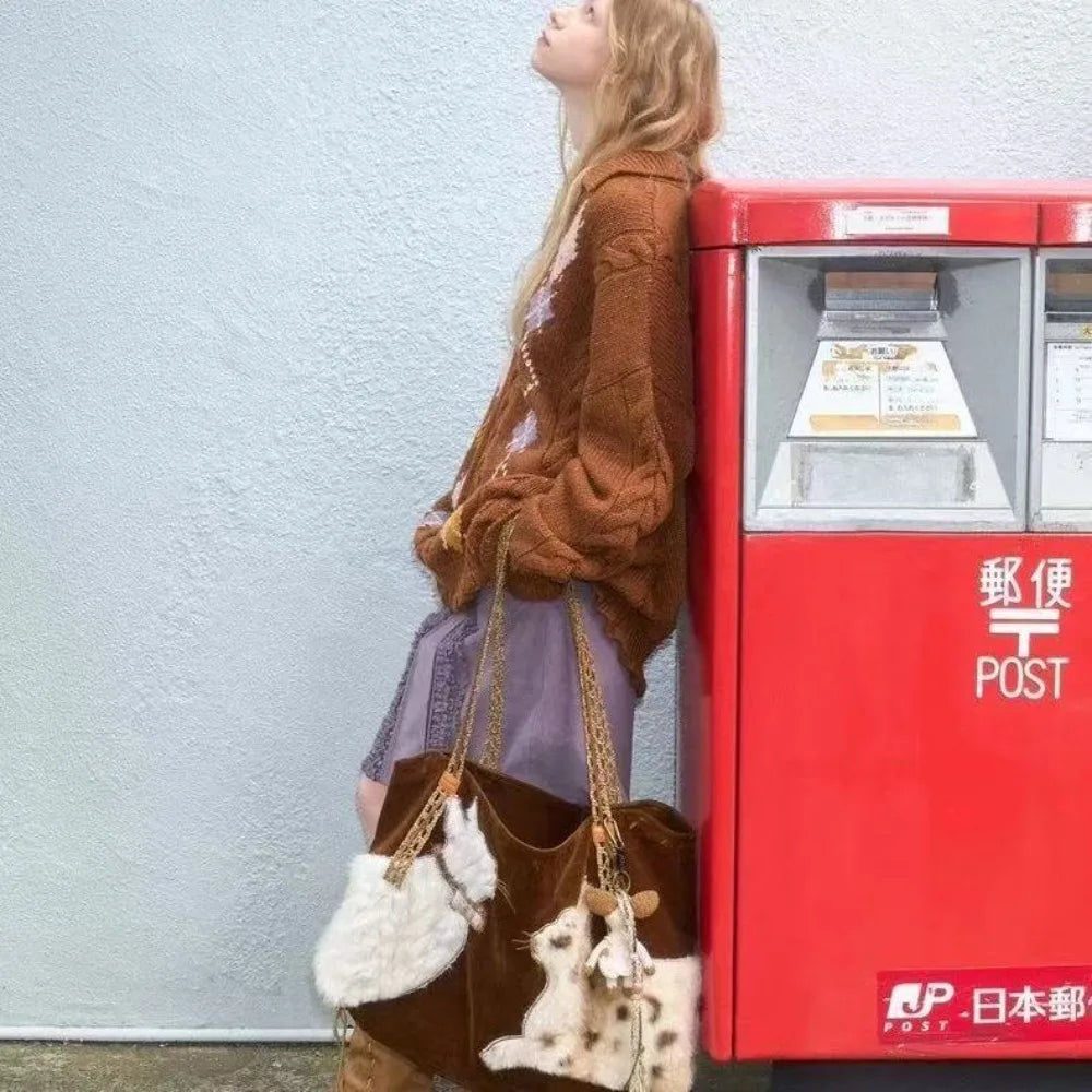 Cute Retro Cat Tote Bag Women Leather Texture Plush Large Capacity Shoulder Bag