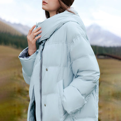 Women Down Jacket New Long Thick Nordic Outdoor Hooded White Duck Down Baffleless Down Proof Outerwear
