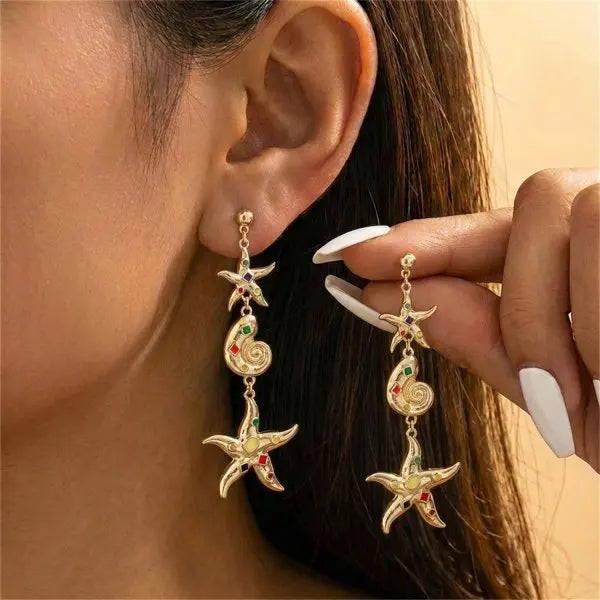 Luxurious Sparkling Zircon Metal Starfish Earrings for Women Bohemia Gold Color Conch Shell Tassel Drop Earrings Beach Jewelry
