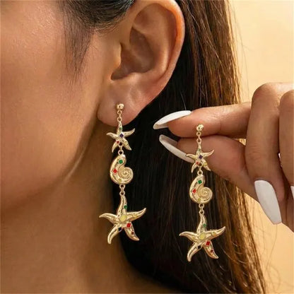 Luxurious Sparkling Zircon Metal Starfish Earrings for Women Bohemia Gold Color Conch Shell Tassel Drop Earrings Beach Jewelry