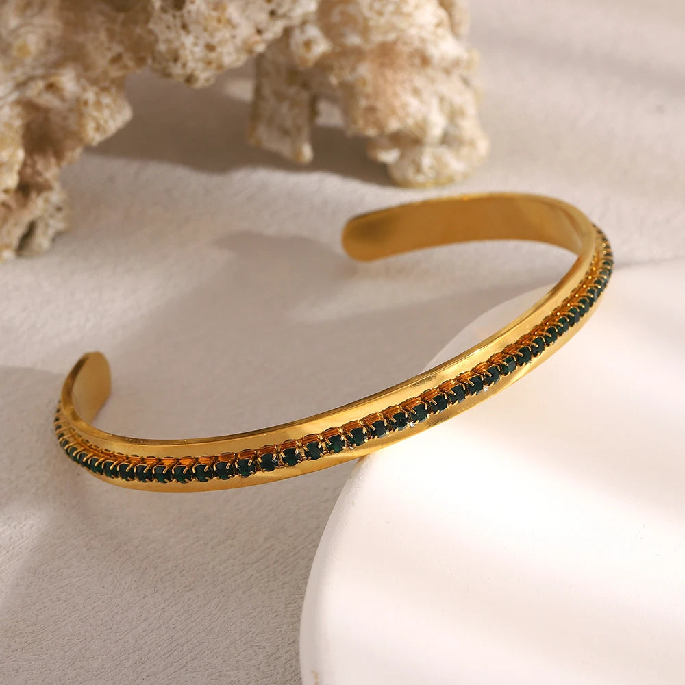 Fashion Waterproof Stainless Steel Shiny Colorful Turquoise Rhinestone Cuff Bracelets For Women