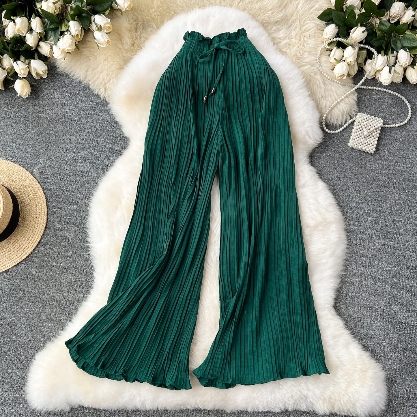 Basics Casual Pants Women Summer Oversize Draped Wide Legs Pants High Waist Solid Long Pleated Trousers