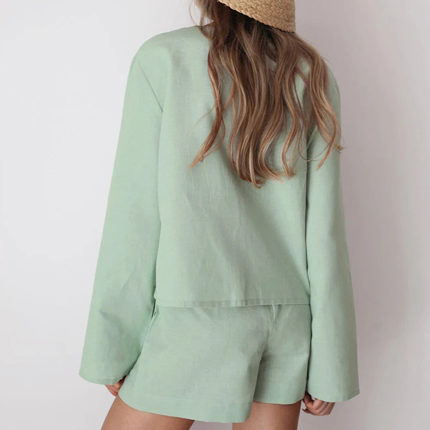 Relaxed Fit Women'S Cotton Pajamas Suit Green Tie Front Bell Sleeve Top And Elastic Waist Shorts Sleepwear Casual Loungewear