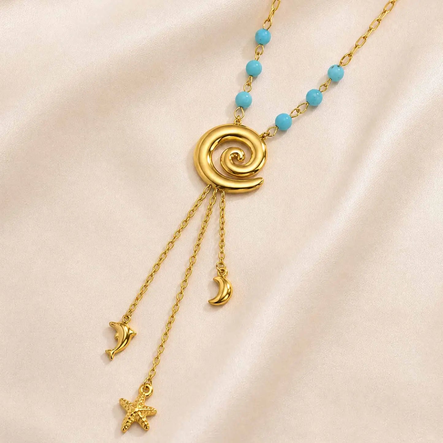 Ocean Style Y Necklace,18K Gold Plated Stainless Steel,Turquoise Paperclip Chain Dolphin Starfish Tassel Jewelry Waterproof