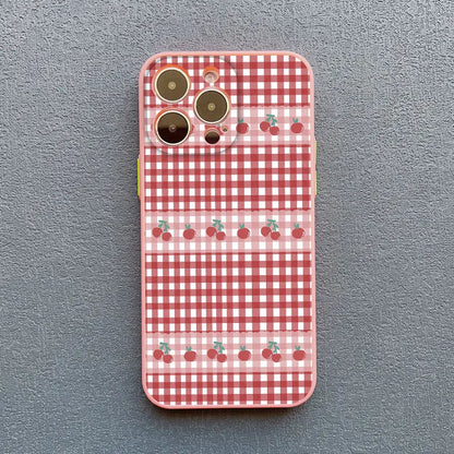 Cute Fashion Girl Cherry Grid Pattern Phone Case for iPhone 15 16 Pro Max Plus 14 11 12 13 Mini Pro Max X XS XR 7 8 Plus Covers