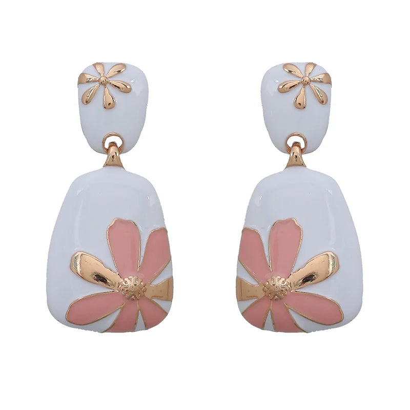 Enamel Flower Metal Dangle Post Earrings For Women
