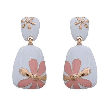 Enamel Flower Metal Dangle Post Earrings For Women