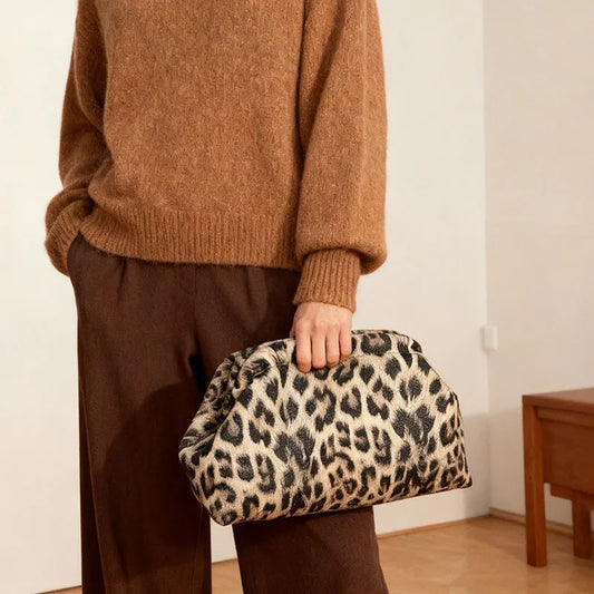 Vintage Leopard Print Clutch Bag Trend Women's Soft Pleated Large Capacity Multi-functional Portable Storage Retro Style