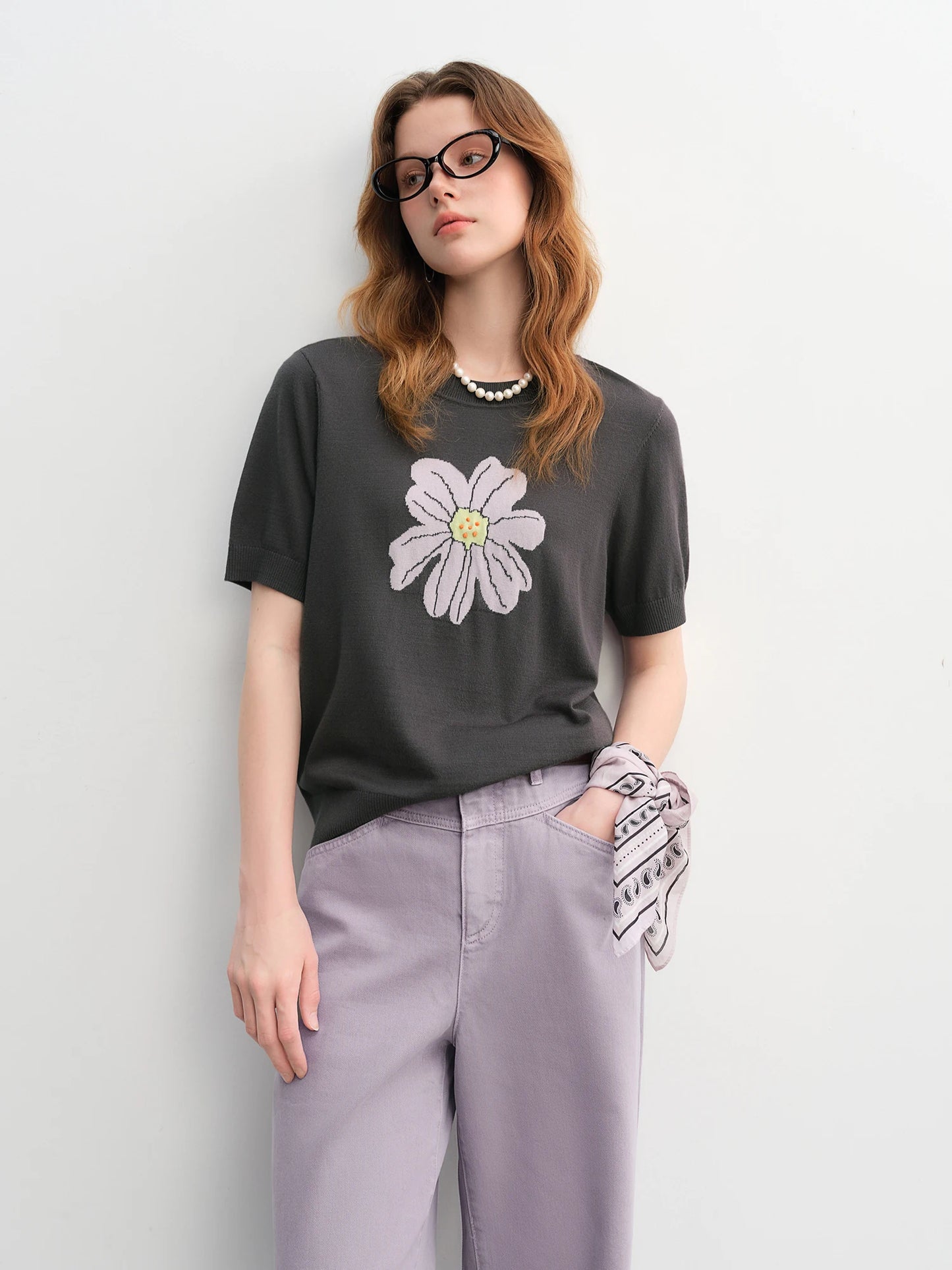 Knit Top - Short Sleeve Casual Blouse Women's Daily Wear Soft Patterned T-Shirt