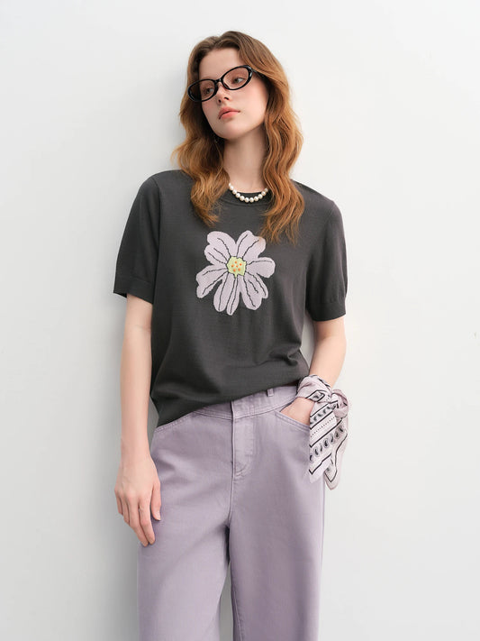 Knit Top - Short Sleeve Casual Blouse Women's Daily Wear Soft Patterned T-Shirt