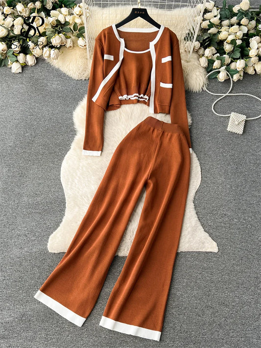 Autumn Knitted Three Pieces Sets Top+Long Sleeves Short Cardigan+Elastic Long Pants Fashion Sweater Set