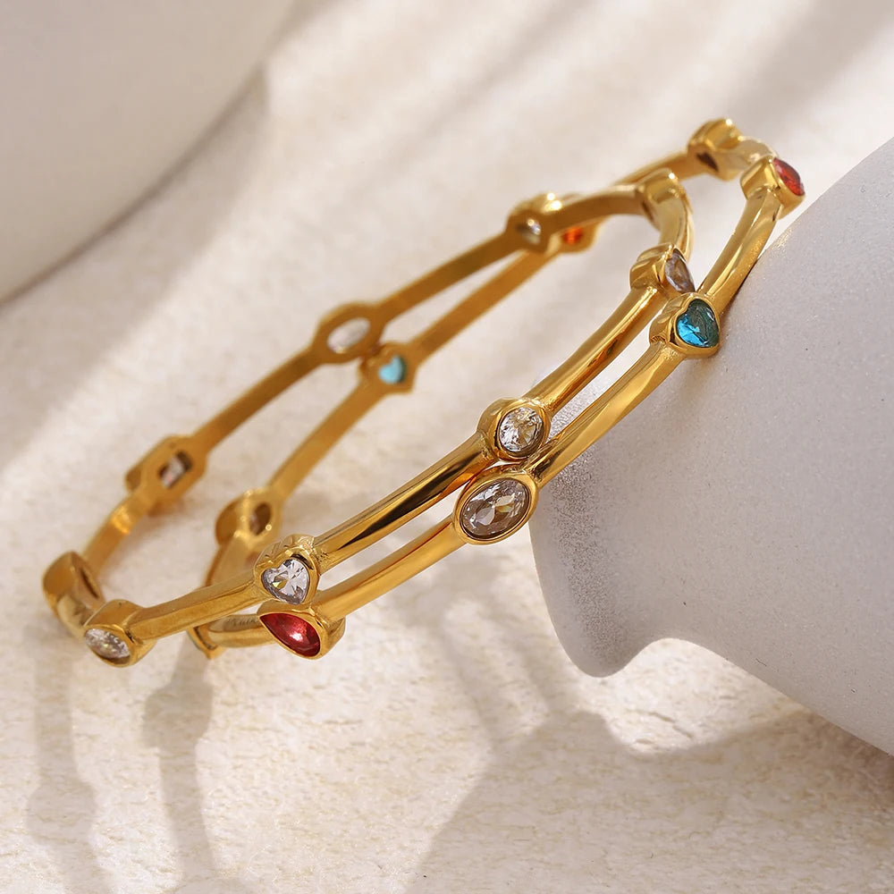 Colorful CZ Bracelet 18K Gold Stainless Steel Waterproof Bracelet Hypoallergenic Bohemian Bangle Women Jewelry