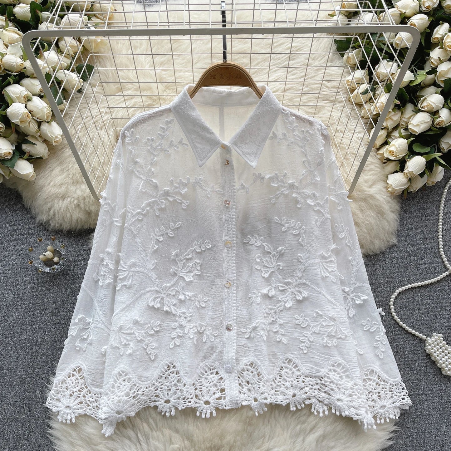 Embroidery Loose Shirt Women Elegant Retro Solid Lapel Long Sleeve High Quality Ladies Summer Fashion Court Blouse