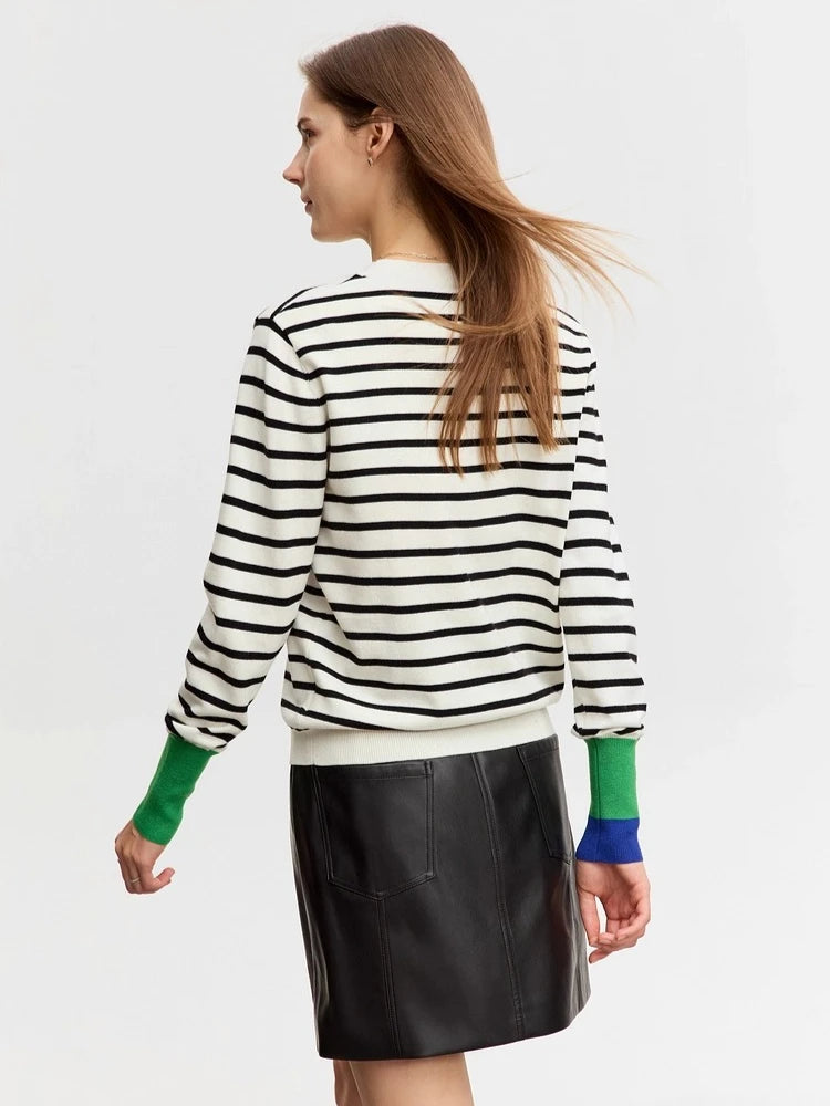 Striped Women's Sweater New Round Neck Asymmetrical