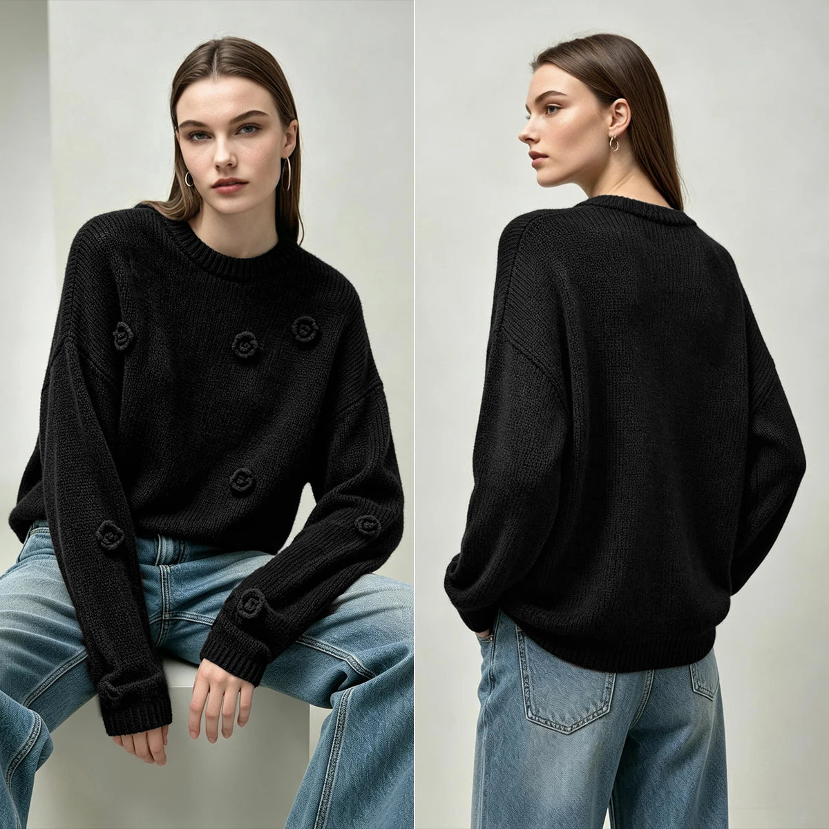 Women's Crew Neck Autumn Sweater Drop Shoulder Long Sleeve