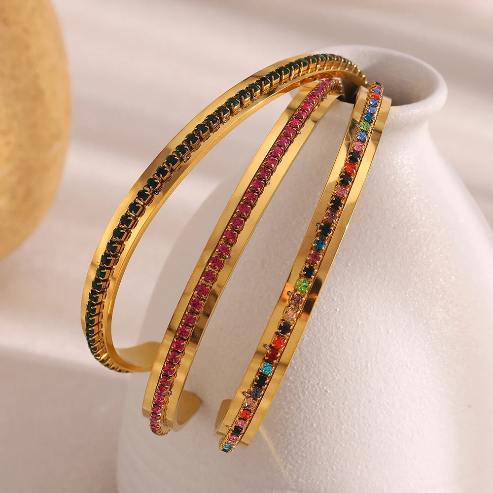 Fashion Waterproof Stainless Steel Shiny Colorful Turquoise Rhinestone Cuff Bracelets For Women