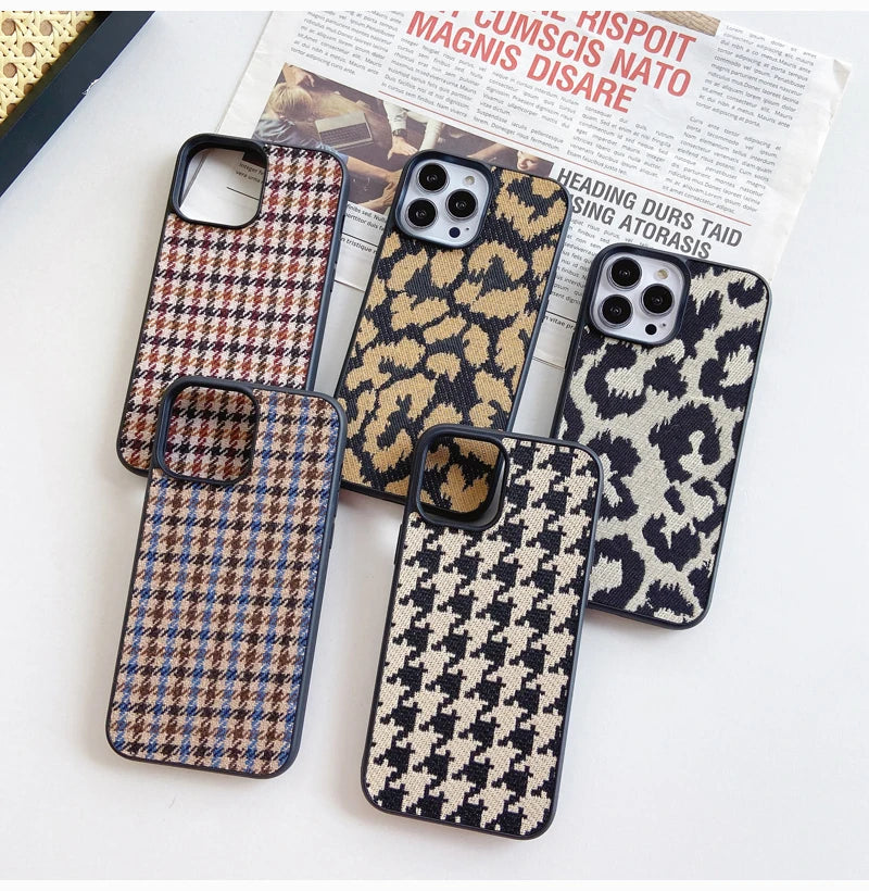 Luxury Diverse Fabric Phone Case, Plaid, Leopard Print, Light, Advanced Fashion, iPhone 16 ,15, 14 Plus, 13, 12, 11 Pro Max