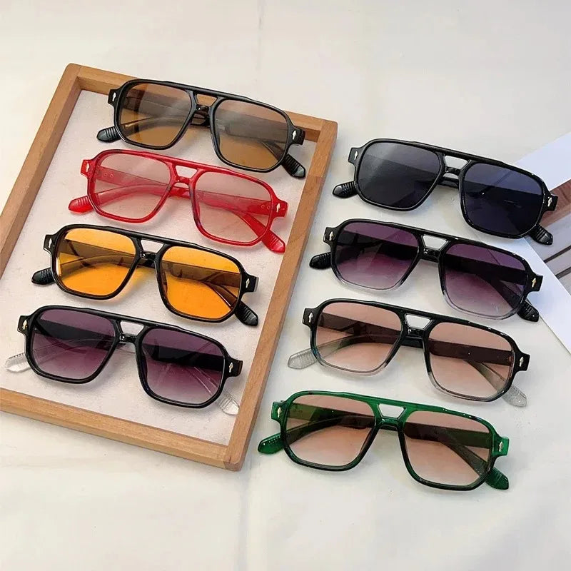 New Vintage Double Bridges Square Sunglasses Fashion Rivets Ocean Lens UV400 Eyewear Women Trending Traveling Sun Glasses