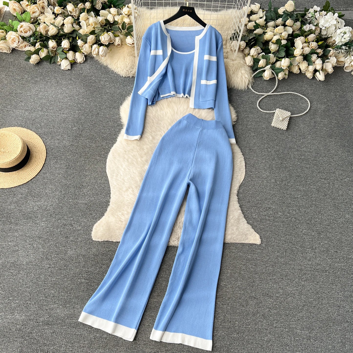 Autumn Knitted Three Pieces Sets Top+Long Sleeves Short Cardigan+Elastic Long Pants Fashion Sweater Set