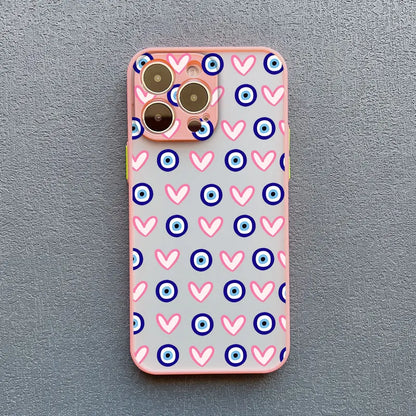 Evil Eye Glossy Heart Pattern Phone Case for iPhone 14 15 Pro Max Plus 11 12 13 Mini Pro Max 16 17 Pro Max Shockproof Back Cover