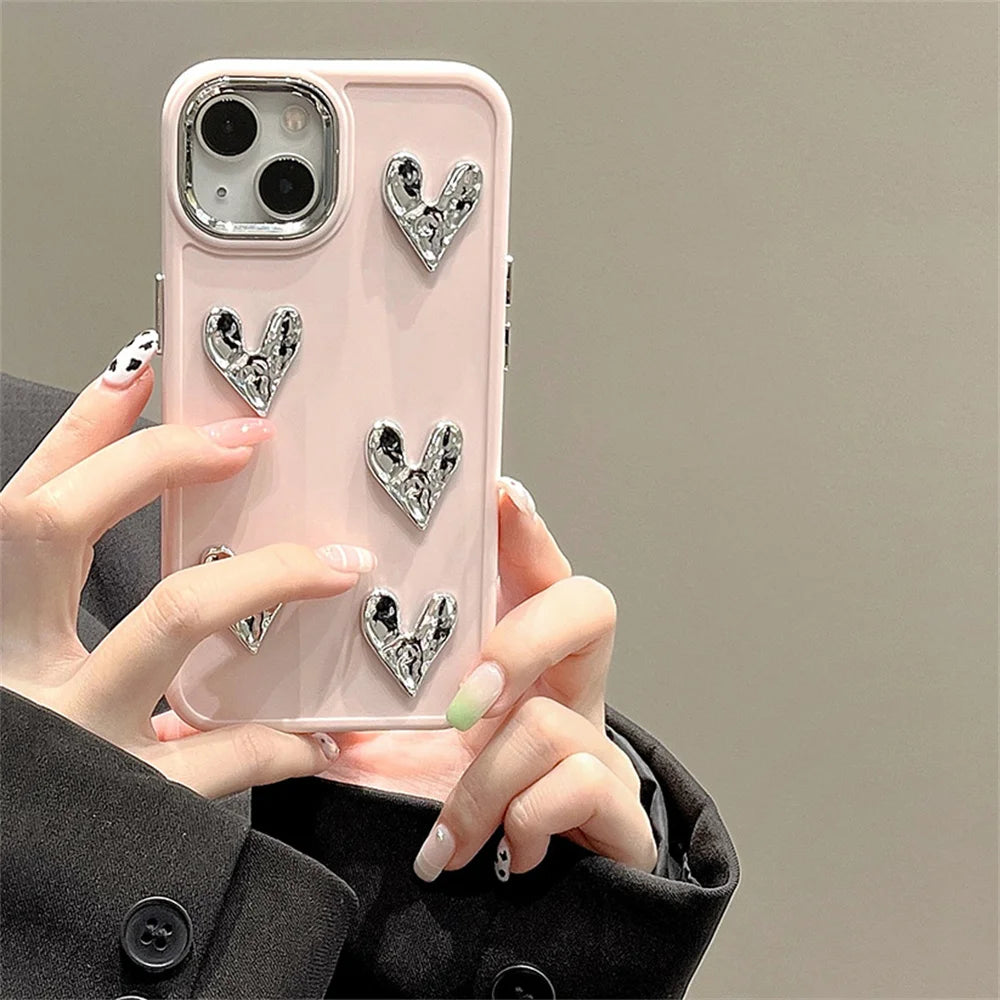 Sliver Love Heart Case For iPhone 13 12 11 14 15 16 Pro XS MAX 8 Plus