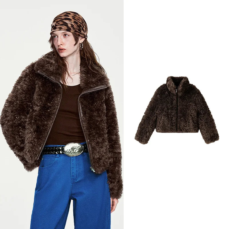 Women Short Luxury Fleece Coat New Stand Collar Nomadic Overcoat