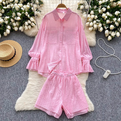 Elegant Polo-neck Vintage Long Flare Sleeves Chic Single Breasted Shirts High Waist Wide Leg Short Pants Sets
