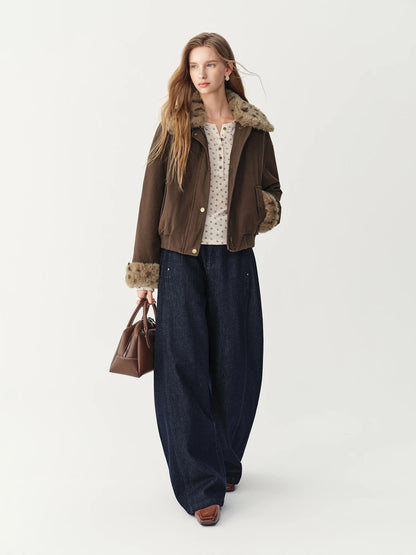 Winter Women Detachable Faux Fur Collar Short Utility Jacket