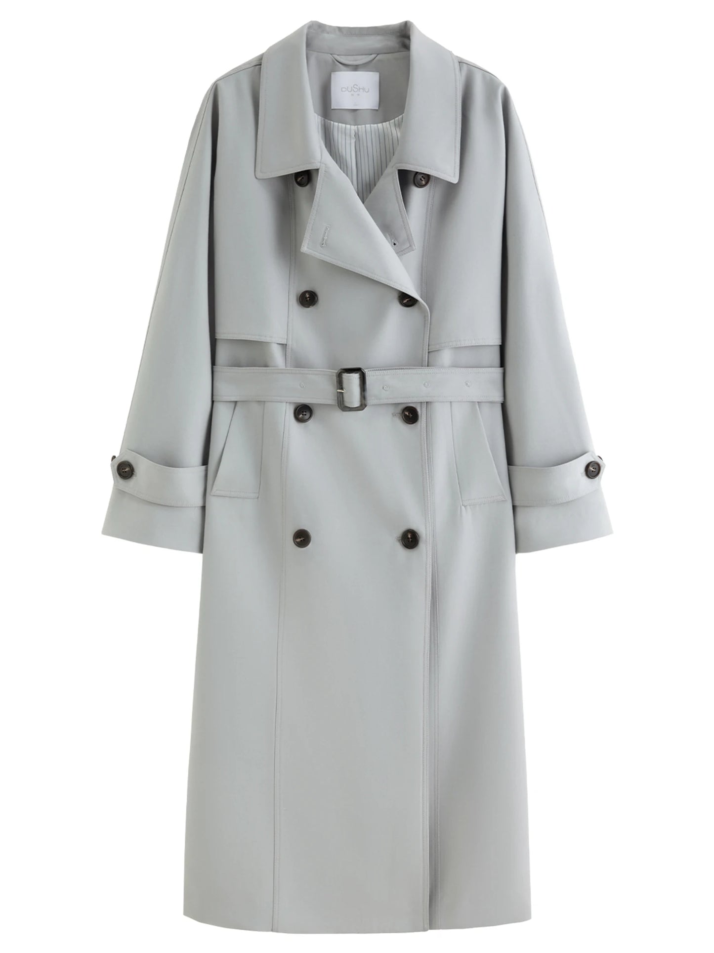 Classic Khaki Double Breasted Long Trench Coat - Spring Oversized Lapel Coat with Belted Waist for Casual and Office Wear