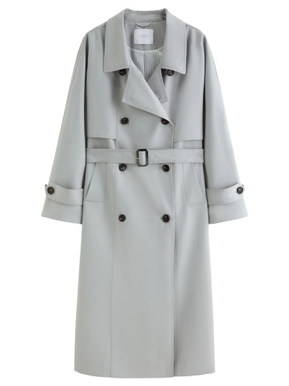Classic Khaki Double Breasted Long Trench Coat - Spring Oversized Lapel Coat with Belted Waist for Casual and Office Wear