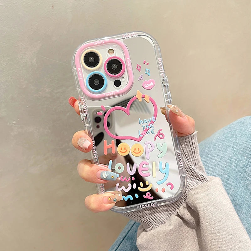 Lovely Girl Heart Mirror Phone Case For iPhone 11 12 13 14 15 16 Pro Max Back Cover