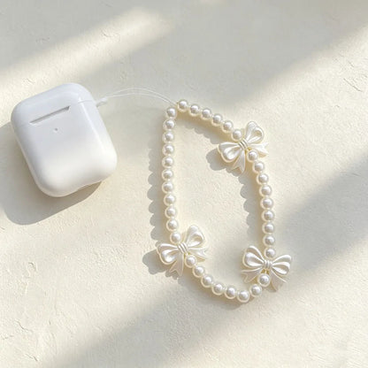 Women Sweet White Beaded Wrist Strap for Mobile Phone Fashion Bowknot Pearl Lanyard Short Hand Chain for Cellphone Key Bag Charm